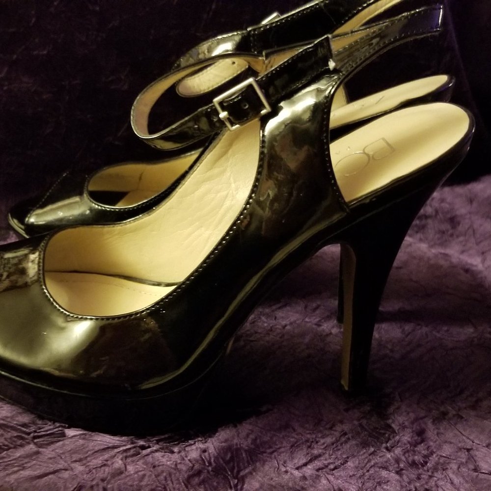 BCBG Black Patent Peep Toe Platform High Heels